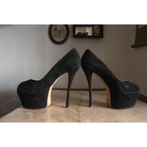 Giuseppe Zanotti Platform Heels Peep Toe Pumps Black Suede Size 37.5 7 Italy